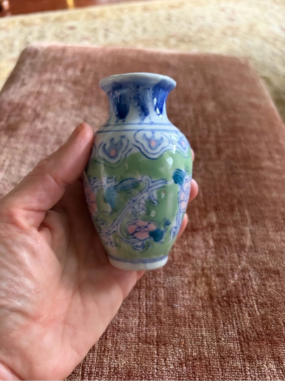 Hand-Painted Green and Blue Floral Mini Vase - Unbranded no markings chinoiserie